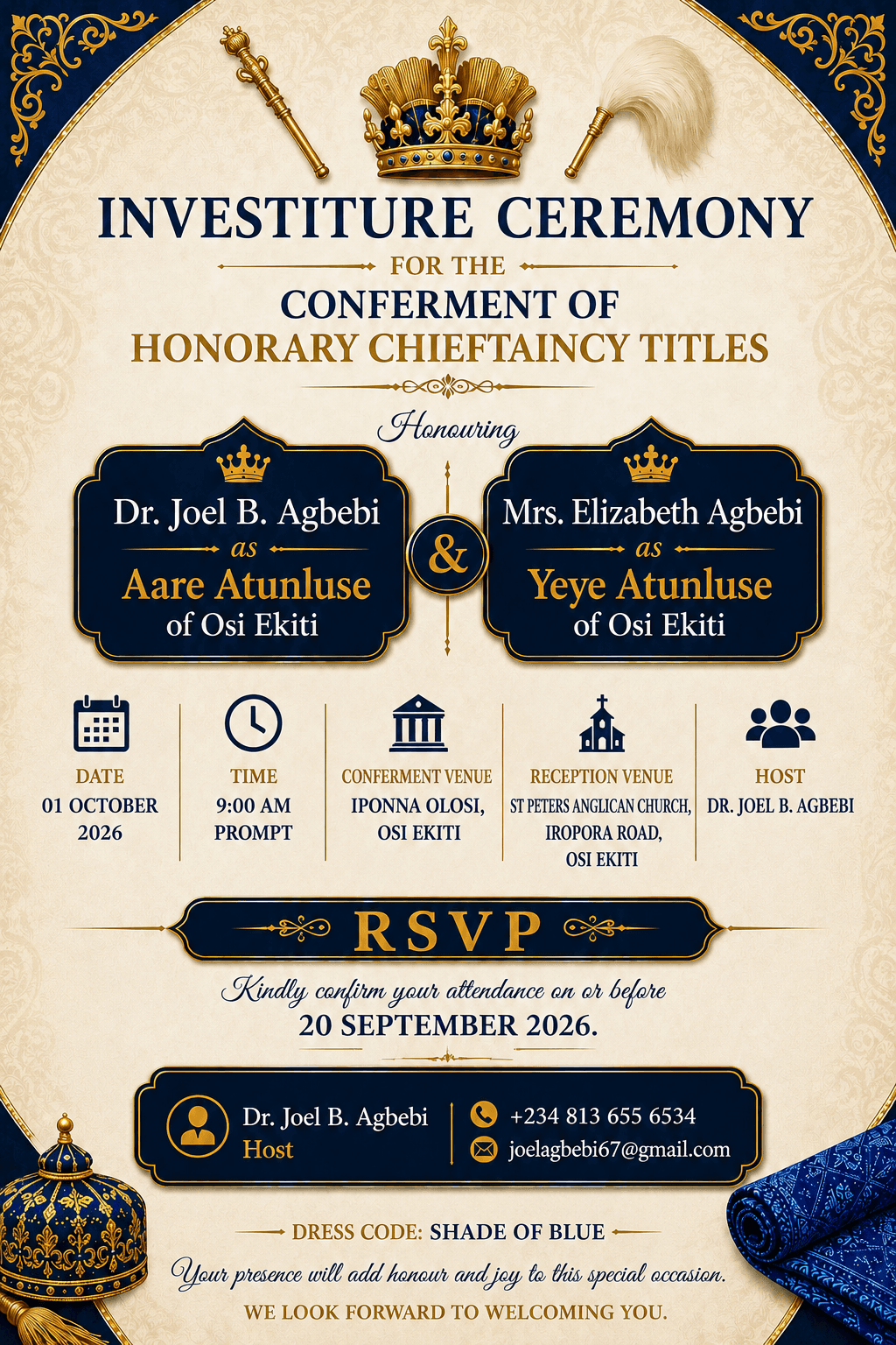 Invitation for the investiture ceremony of Dr. Joel B. Agbebi and Mrs. Elizabeth Agbebi